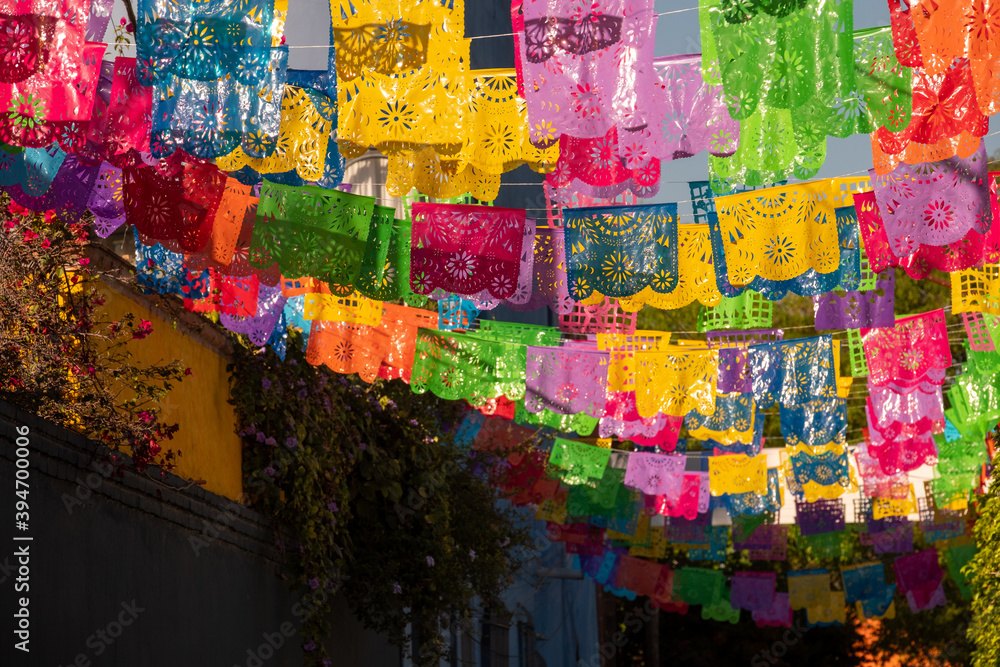 Fototapeta premium Mexican Papel Picado flags in San Miguel de Allende, Mexico.
