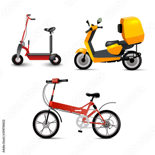 Realistic youth city transport set on white background. Bicycle, gyroscooter and bike. Modern alternative city transport. Ecological teenager transport, isolated icon.