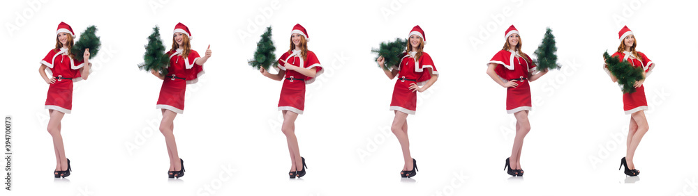 Young woman in red santa costume on white Young woman in red santa costume on white