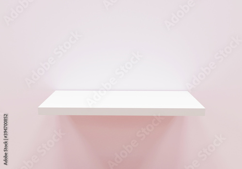 empty white shelf stand on light wall, 3d render