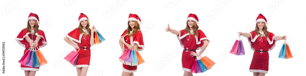 Young woman in red santa costume on white Young woman in red santa costume on white