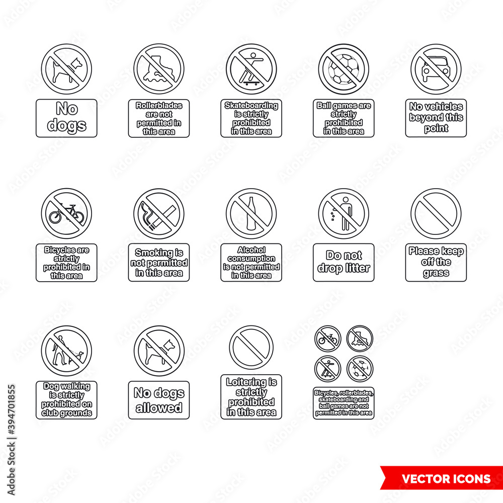 Community safety prohibitory signs icon set