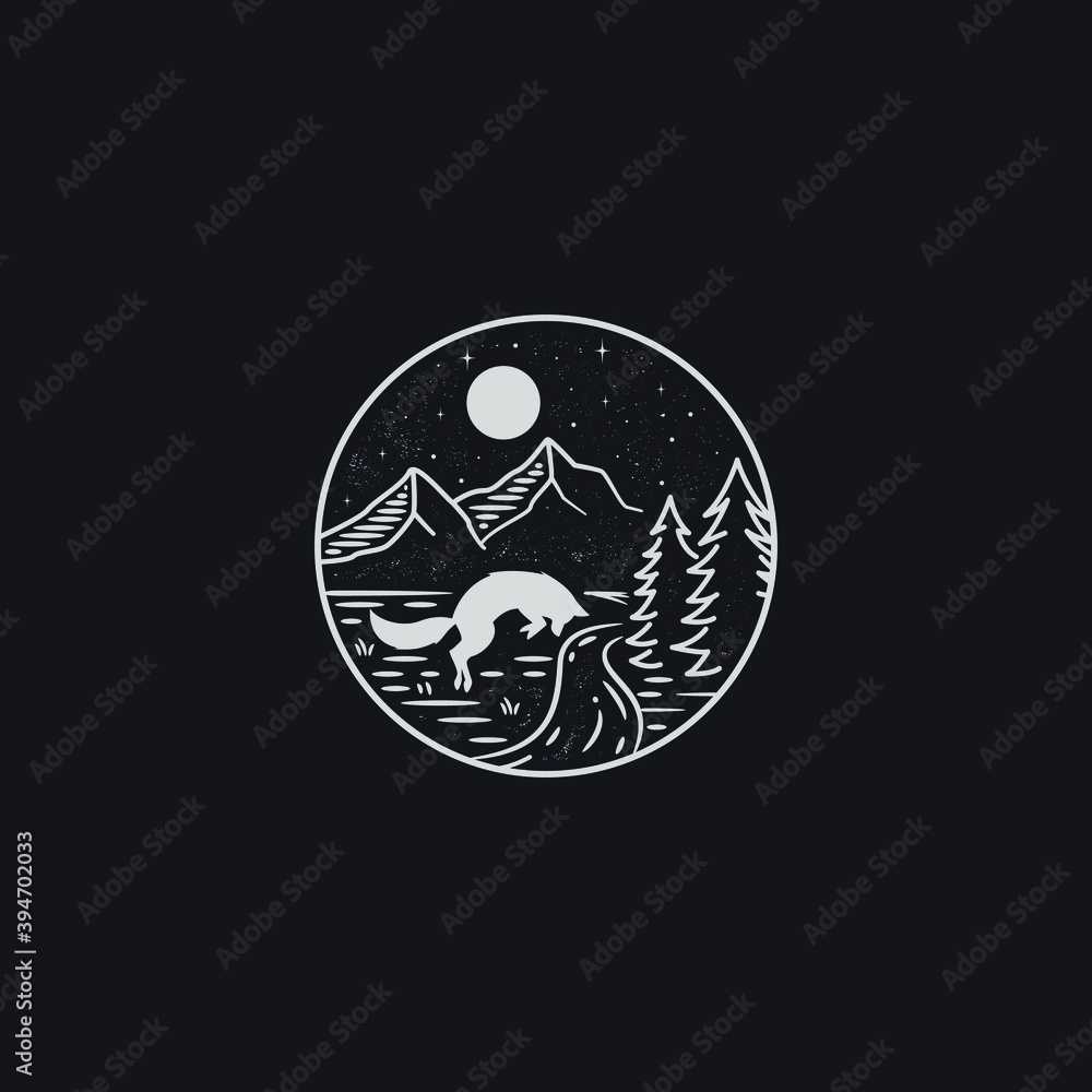 vector of jumping wolf with mountain scene mono line style illustration.