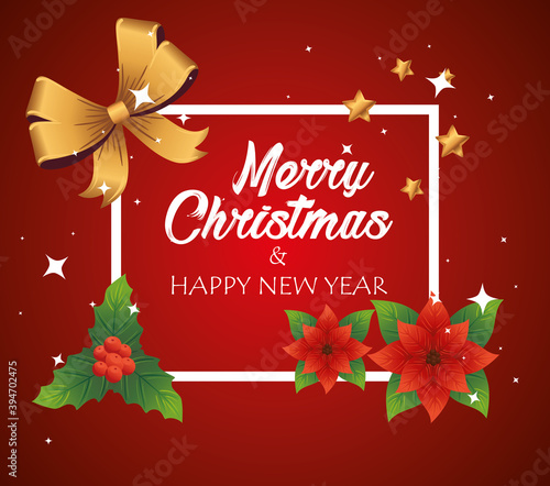 happy merry christmas lettering card with flowers and golden bow vector illustration design