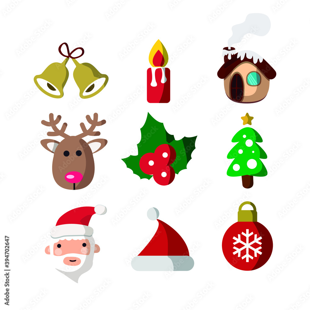 Vector image. Funny Christmas stickers. Icons of santa claus, deer, christmas ball, tree, house. Images to decorate.