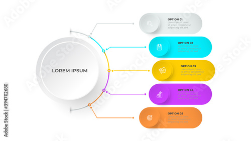 Timeline infographics template. Business concept design with circles and 5 options, steps or processes. 