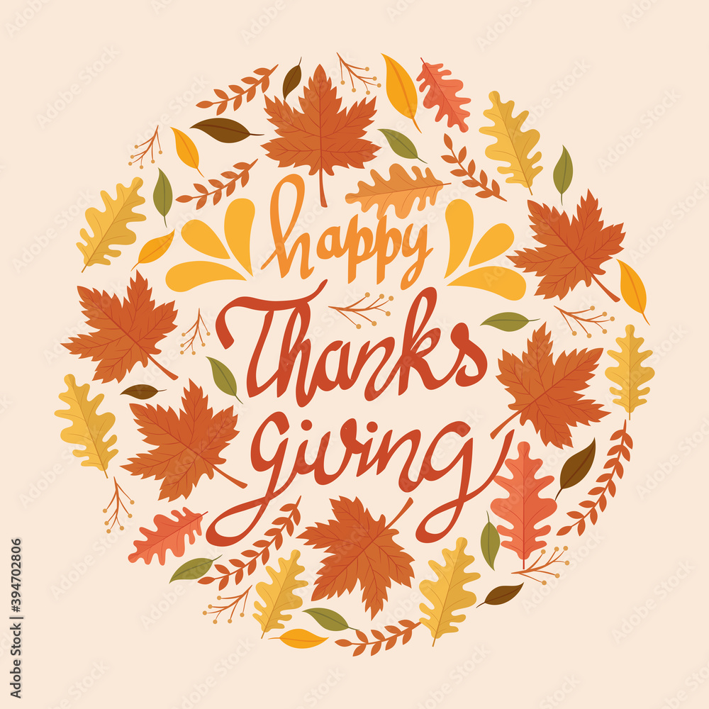 happy thanksgiving celebration lettering card with leafs circular pattern vector illustration design