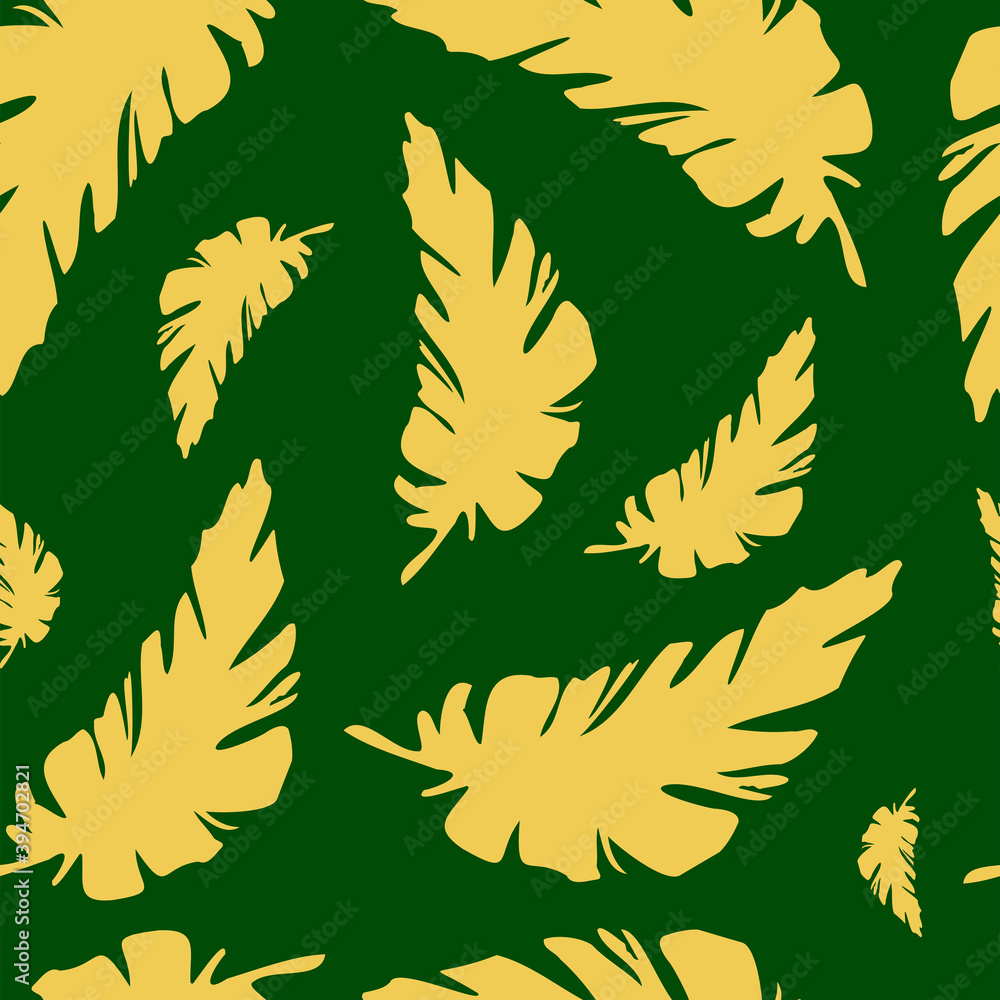 Seamless pattern of Golden feathers on a green background. Cute green background of banana leaves.Vector background of tropical leaves.Vector illustration in flat style for decorating Wallpaper Seamless pattern of Golden feathers on a green background. Cute green background of banana leaves.Vector background of tropical leaves.Vector illustration in flat style for decorating Wallpaper
