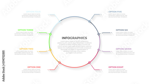 Business data visualization. Thin line design with marketing icons and 8 options or steps. Vector business template for presentation or annual report.