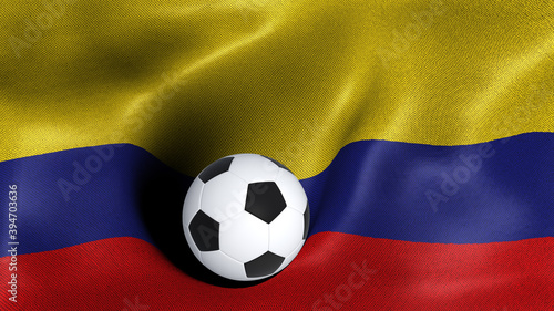 3D rendering of the flag of Colombia with a soccer ball
