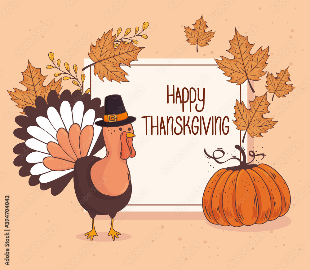 Fototapeta premium happy thanksgiving celebration lettering card with turkey pumpkin fruit vector illustration design