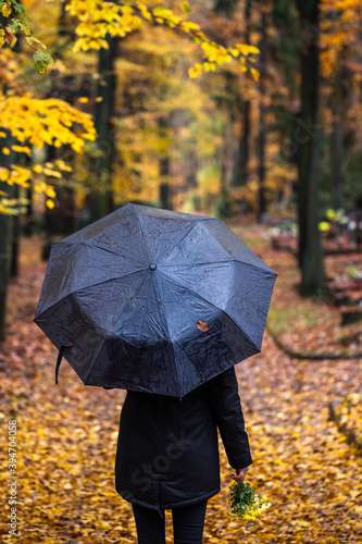 Woman with umbrella walking in cemetery at autumn