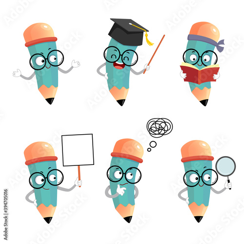 Vector illustration set of happy cartoon pencil mascot characters in different poses and emotions