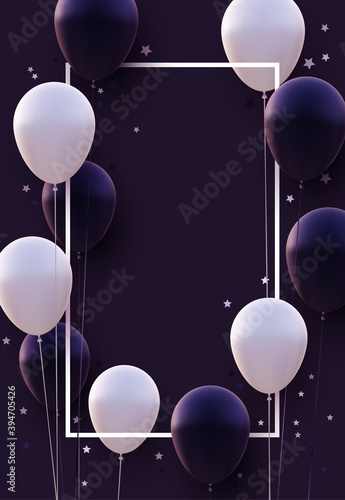 Vertical frame with matt dark violet and white balloons.