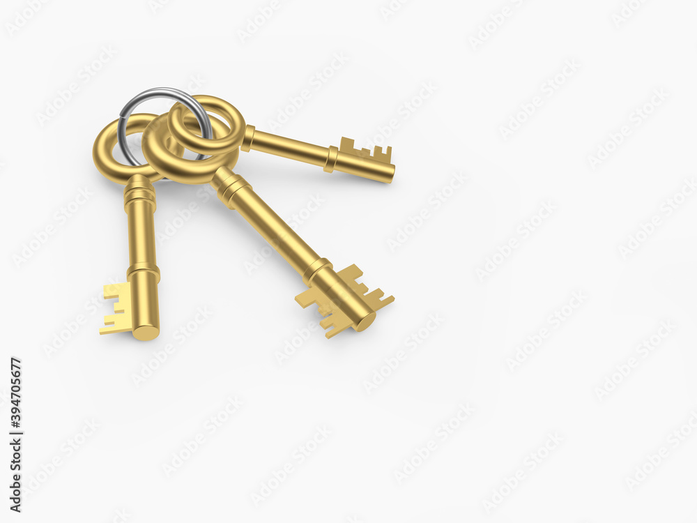 Bunch of three golden retro keys isolated on white background. 3d illustration Bunch of three golden retro keys isolated on white background. 3d illustration