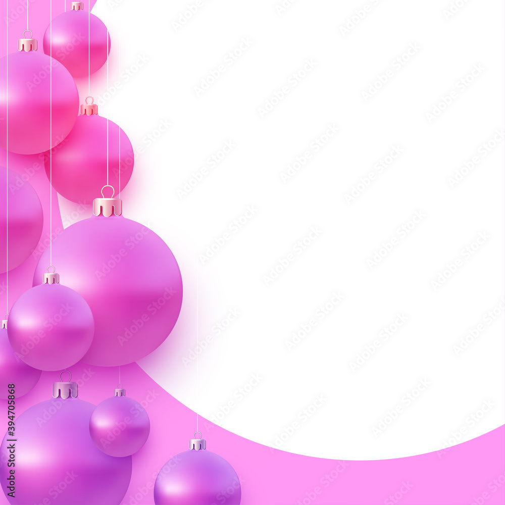 Rounded background with pink christmas tree balls hanging on strings. Rounded background with pink christmas tree balls hanging on strings.