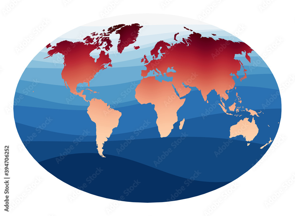 World Map Vector. Fahey pseudocylindrical projection. World in red orange gradient on deep blue ocean waves. Captivating vector illustration.