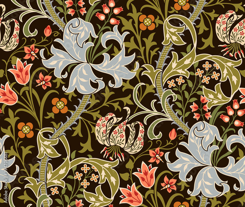 Floral seamless pattern with big flowers, lily and foliage on dark background. Vector illustration.