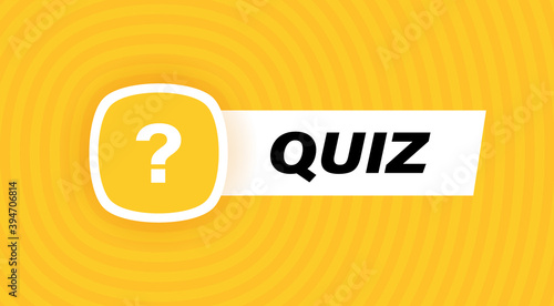 Quiz badge design with question mark isolated on geometric background in yellow colors. Modern flat style vector illustration