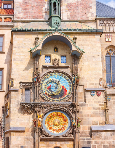 Prague astronomical clock (Orloj) on City Hall tower, Czech Republic