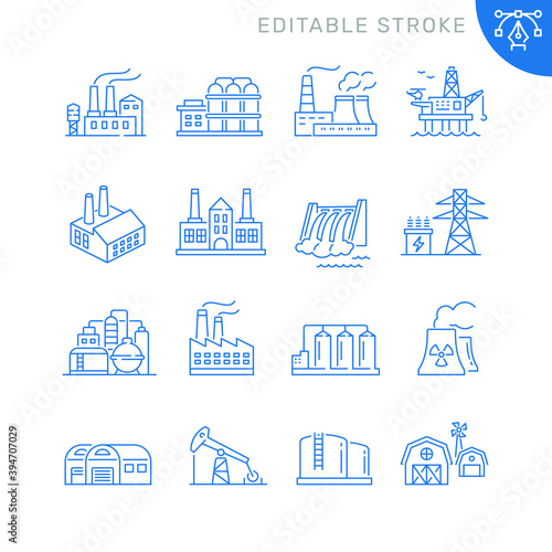 Industrial factory buildings icons. Editable stroke. Thin vector icon set