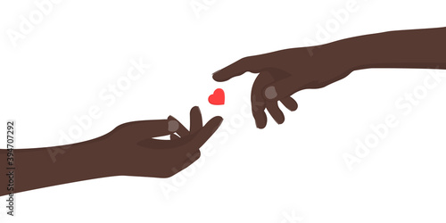 Vector love concept. Hands with dark skin are drawn to each other to win love, despite huge distances. Vector illustration eps 10