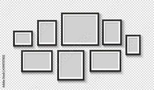 Black blank photo frame set. Vector empty pictures on wall. Square and rectangle art gallery poster.