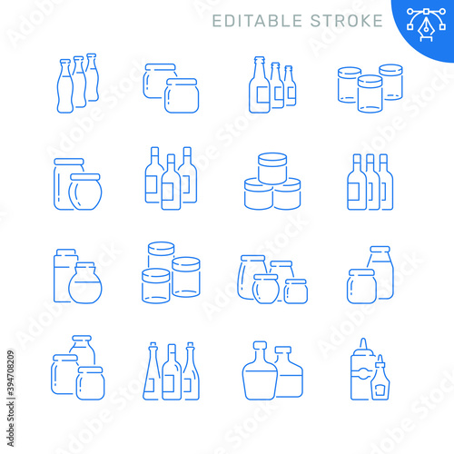 Jars and bottles related icons. Editable stroke. Thin vector icon set