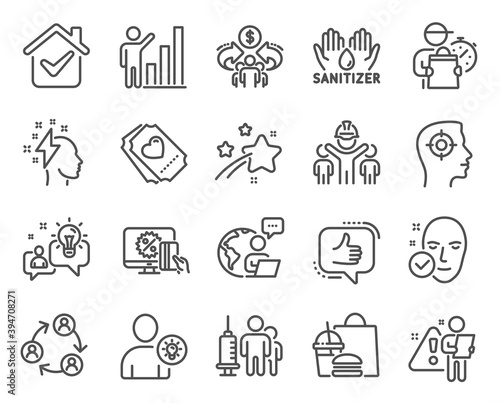 People icons set. Included icon as Engineering team, Health skin, Hand sanitizer signs. Teamwork, Sharing economy, Medical vaccination symbols. Graph chart, Idea, User idea. Love ticket. Vector