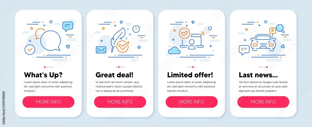 Set of Business icons, such as Online access, Hypoallergenic tested, Messenger symbols. Mobile app mockup banners. Parking line icons. Approved user, Feather, Speech bubble. Car park. Vector
