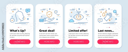 Set of Medical icons, such as Insurance hand, Eye laser, Cough symbols. Mobile app mockup banners. Washing hands line icons. Full coverage, Optometry clinic, Coronavirus symptom. Gloves. Vector