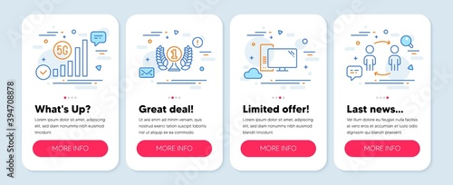 Set of Business icons, such as Laureate award, Computer, 5g wifi symbols. Mobile app mockup banners. Workflow line icons. Prize, Pc component, Wireless signal. Partnership. Vector