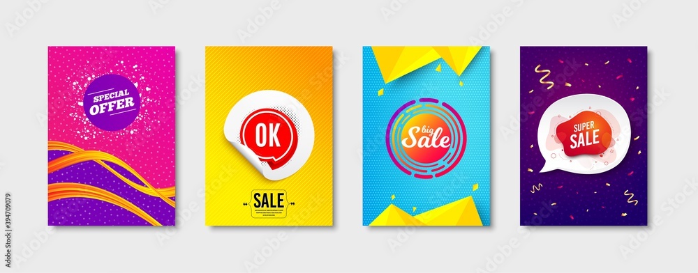 Ok sticker, Special offer and Big sale promo label set. Sticker template layout. Super sale sign. Approved bubble, Label tag, Discount shape. Banner shape. Promotional tag set. Vector