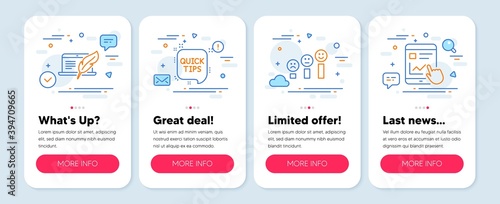 Set of Technology icons, such as Copyright laptop, Customer satisfaction, Quick tips symbols. Mobile screen app banners. Internet report line icons. Vector