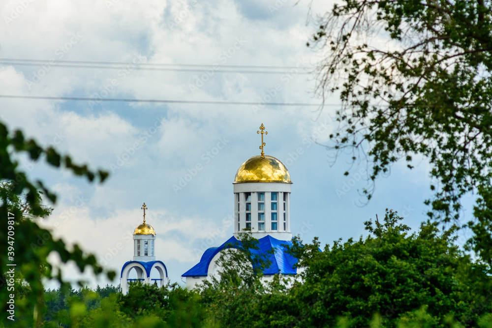 The domes of the church are visible behind the trees.