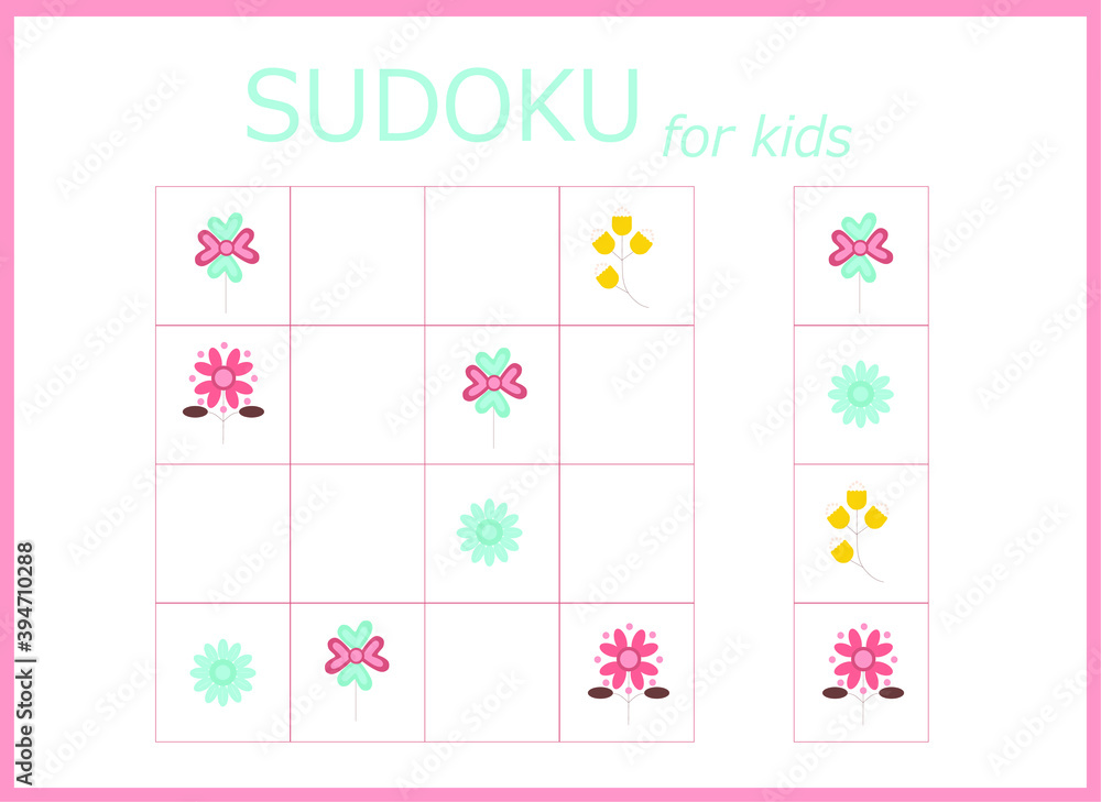 sudoku for kids. Sudoku. Children's puzzles. Educational game for children. colored flowers
