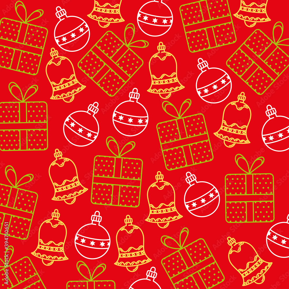 happy merry christmas card with bells and balls, gifts pattern vector illustration design happy merry christmas card with bells and balls, gifts pattern vector illustration design