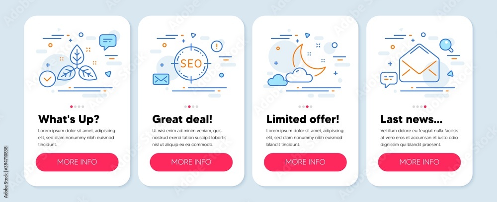 Set of Business icons, such as Night weather, Seo, Fair trade symbols. Mobile screen banners. Mail line icons. Sleep, Search target, Leaf. E-mail. Night weather icons. Vector Set of Business icons, such as Night weather, Seo, Fair trade symbols. Mobile screen banners. Mail line icons. Sleep, Search target, Leaf. E-mail. Night weather icons. Vector