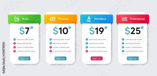 Business icons set. Price table chart, business plan template. Included icon as Copywriting notebook, Money diagram, Winner cup signs. Whiskey glass flat icons. Vector