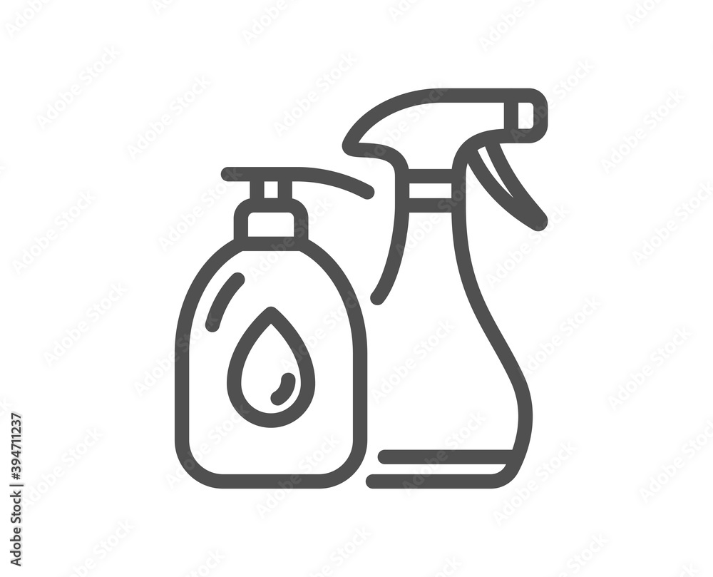 Obraz premium Cleaning liquids line icon. Antiseptic spray sign. Washing symbol. Quality design element. Linear style cleaning liquids icon. Editable stroke. Vector