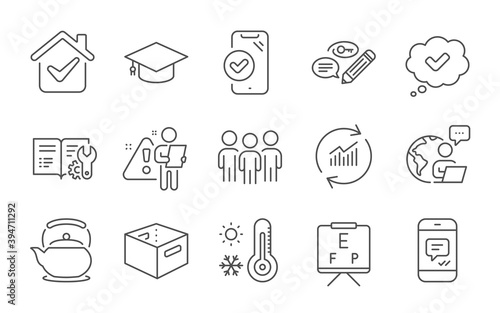 Message, Update data and Group line icons set. Keywords, Vision board and Approved phone signs. Graduation cap, Office box and Approved symbols. Line icons set. Vector