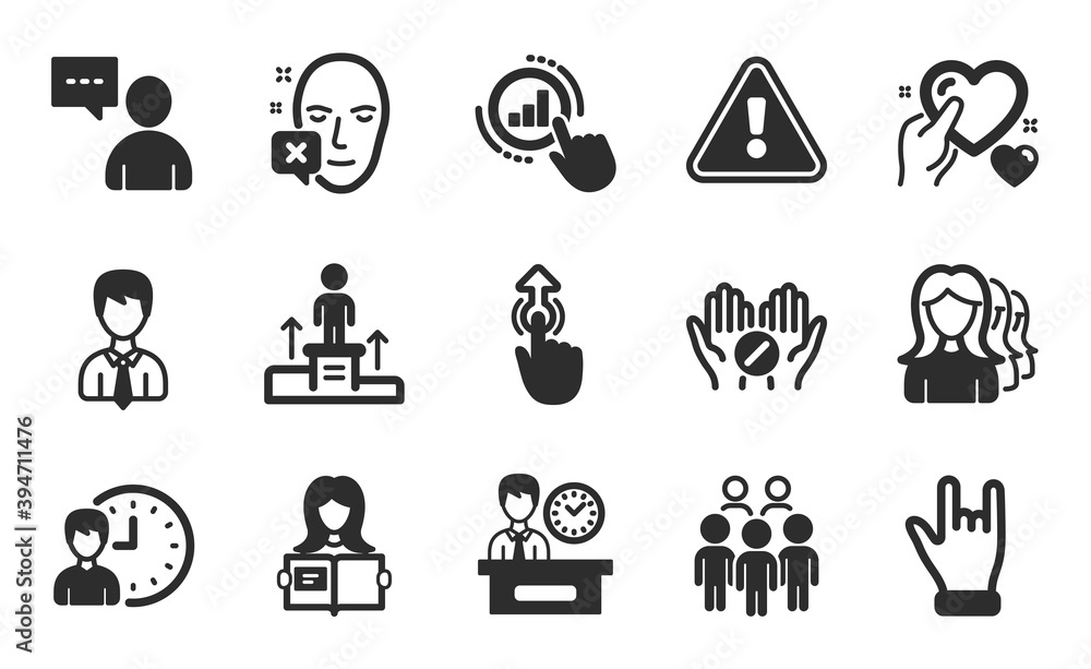 Users chat, Hold heart and Horns hand icons simple set. Woman read, Medical tablet and Presentation time signs. Working hours, Group people and Businessman symbols. Flat icons set. Vector Users chat, Hold heart and Horns hand icons simple set. Woman read, Medical tablet and Presentation time signs. Working hours, Group people and Businessman symbols. Flat icons set. Vector