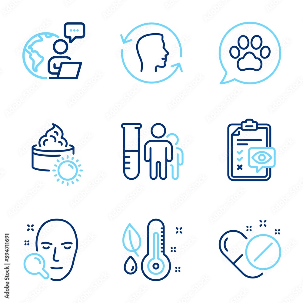 Healthcare icons set. Included icon as Face id, Thermometer, Medical pills signs. Sun cream, Pets care, Medical analyzes symbols. Eye checklist, Face search line icons. Line icons set. Vector