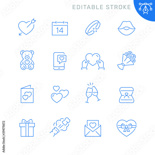Love and valentines day related icons. Editable stroke. Thin vector icon set