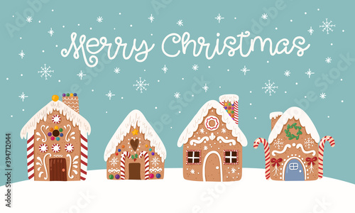 Cute vector greeting card of Gingerbread house,sweet christmas traditional cookie in hand drawn style. 