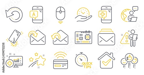 Set of Technology icons, such as Quick tips, Safe time, Ab testing symbols. Motherboard, Like, Recovery data signs. Scroll down, Medical analytics, Smartphone broken. Receive mail, Mail. Vector
