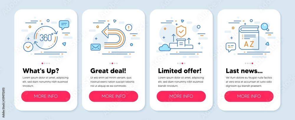 Set of Business icons, such as Undo, Full rotation, Security agency symbols. Mobile screen app banners. Vocabulary line icons. Left turn, 360 degree, Cyber protection. Book. Undo icons. Vector