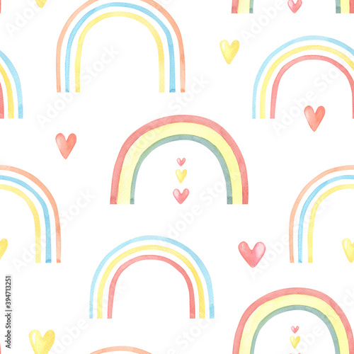 Watercolor multicolored rainbow on white background.Seamless pattern with hearts.Watercolour illustration