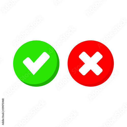 Tick and cross signs. Green checkmark and red X icons, vector isolated on white background.