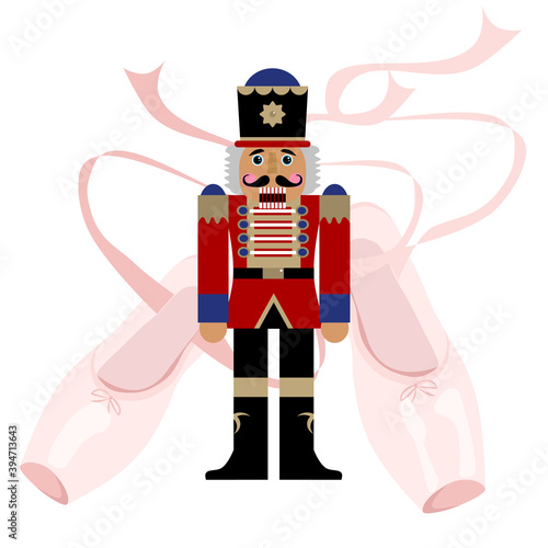 Nutcracker ballet, wood toy, Christmas collection. Pink pointe ballerina shoe. Vector element.